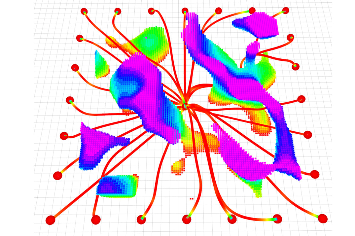 Visualization showing drone flight paths navigating around colorful obstacle clouds toward multiple destinations