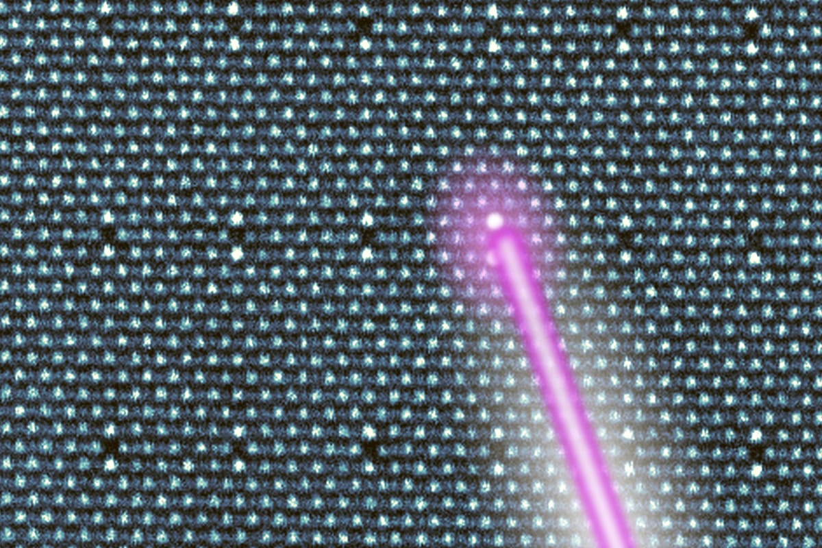 Electron beam precisely targeting individual atoms within crystalline material structure at picometer scale