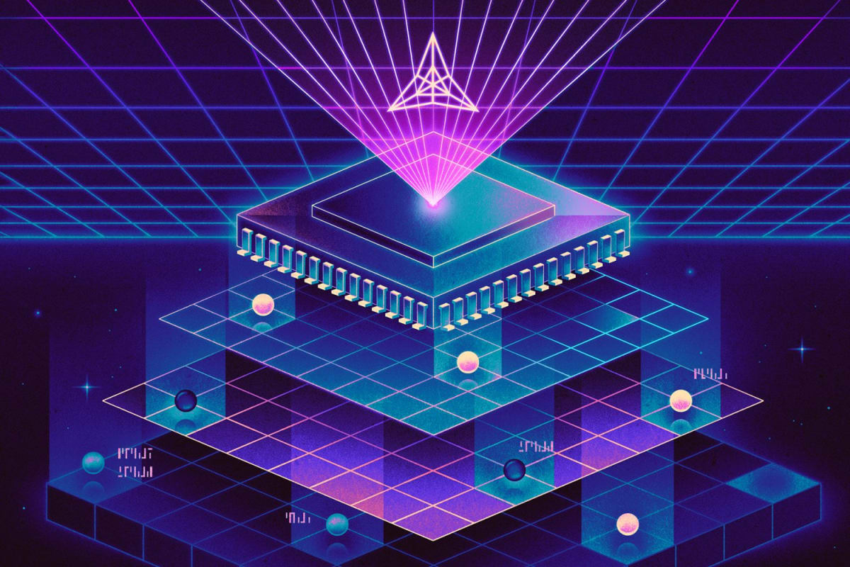 Digital illustration showing computer chip being examined under microscope with glowing circuit patterns