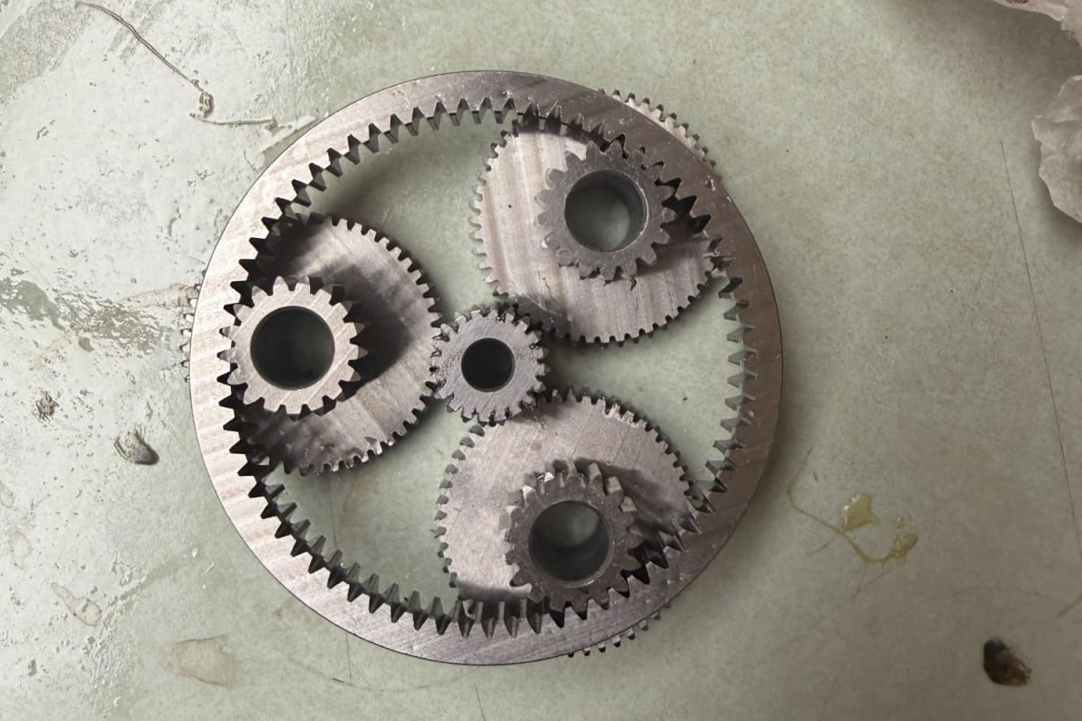 Close-up of precision metal gearset made from MIT-designed Ferrium C61 steel for student race car