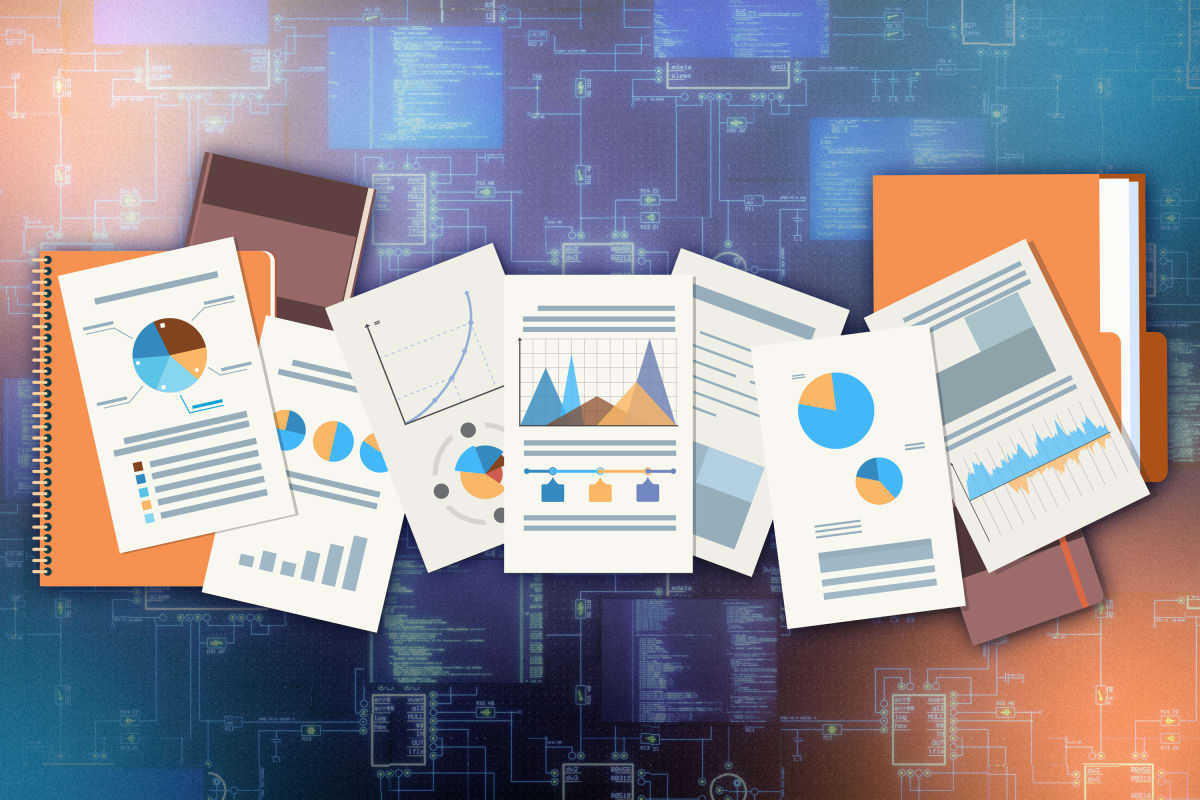 ** Colorful data charts and graphs displayed on computer screen with AI analysis overlay