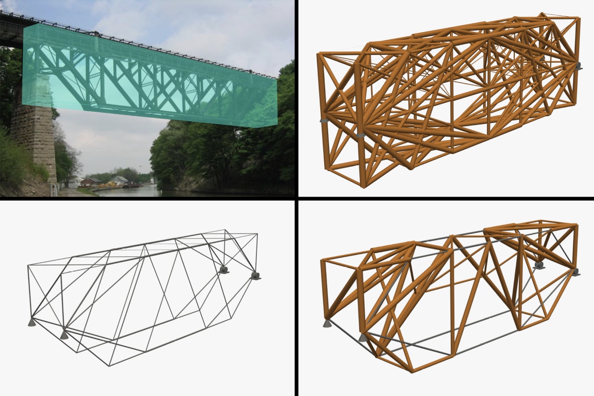 Comparison showing original Lockport truss bridge design alongside optimized timber, steel, and hybrid material alternatives