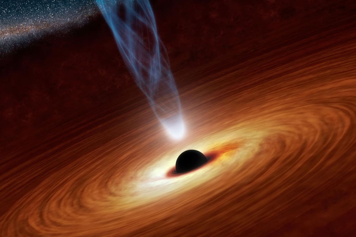 Artist's illustration of a bright quasar accretion disk swirling around a supermassive black hole