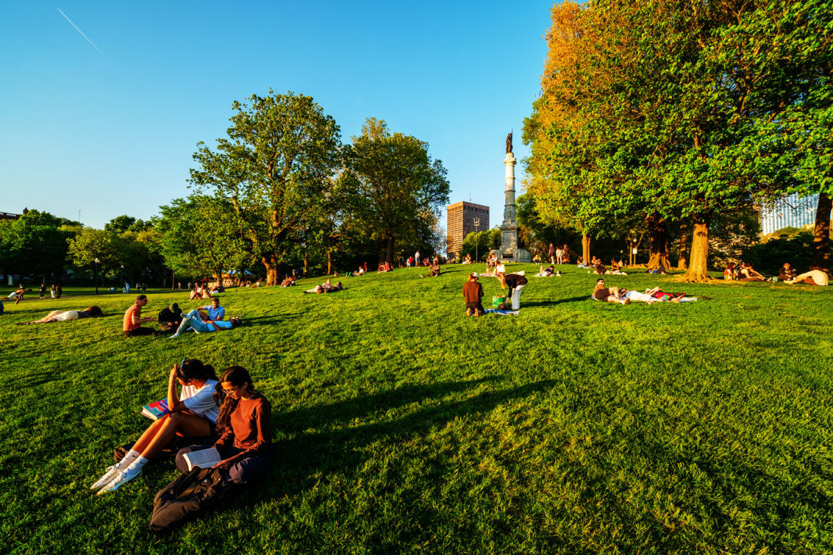 People relaxing on green park lawn in urban neighborhood with trees and monuments
