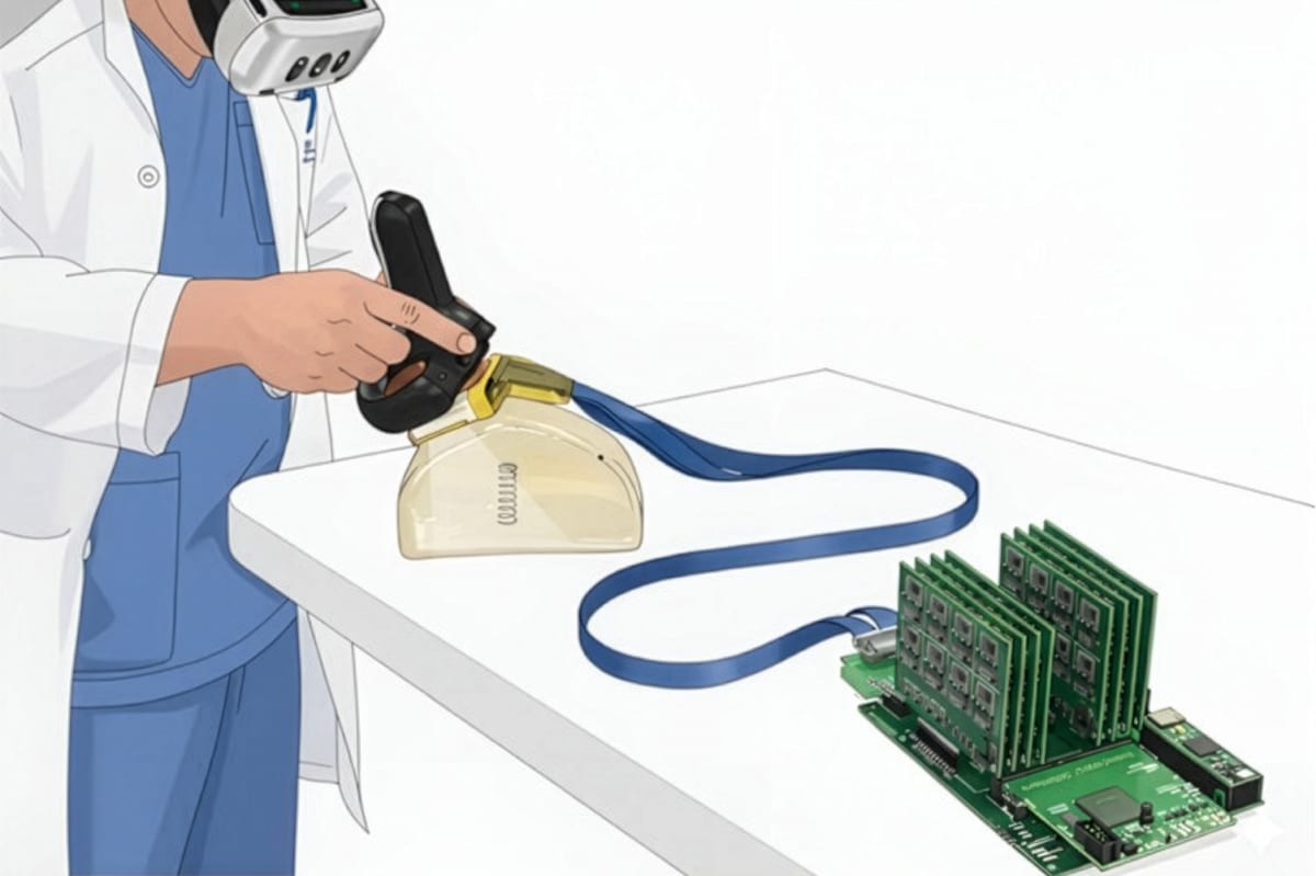 Medical professional wearing VR headset viewing 3D ultrasound image floating in augmented reality space