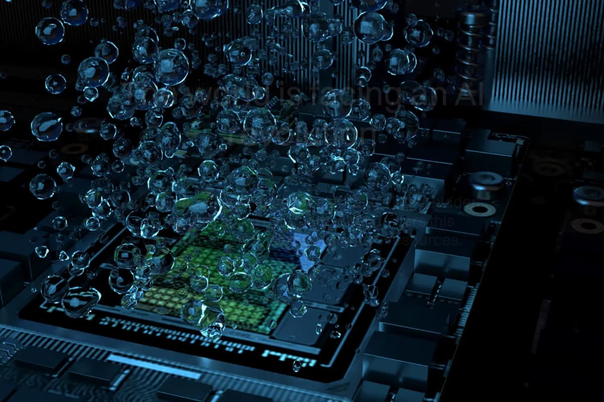 Computer servers submerged in clear liquid cooling system with small bubbles visible on surface