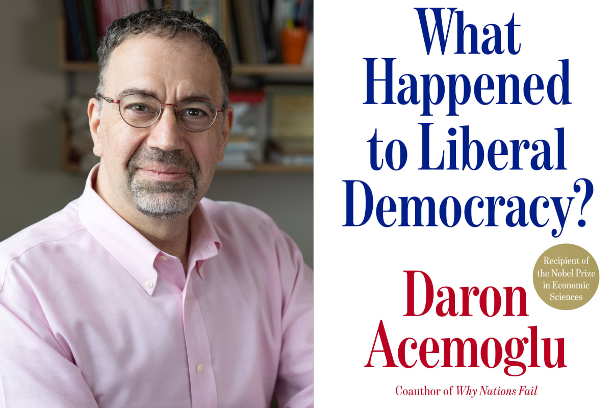 MIT economist Daron Acemoglu holding his new book about strengthening liberal democracy
