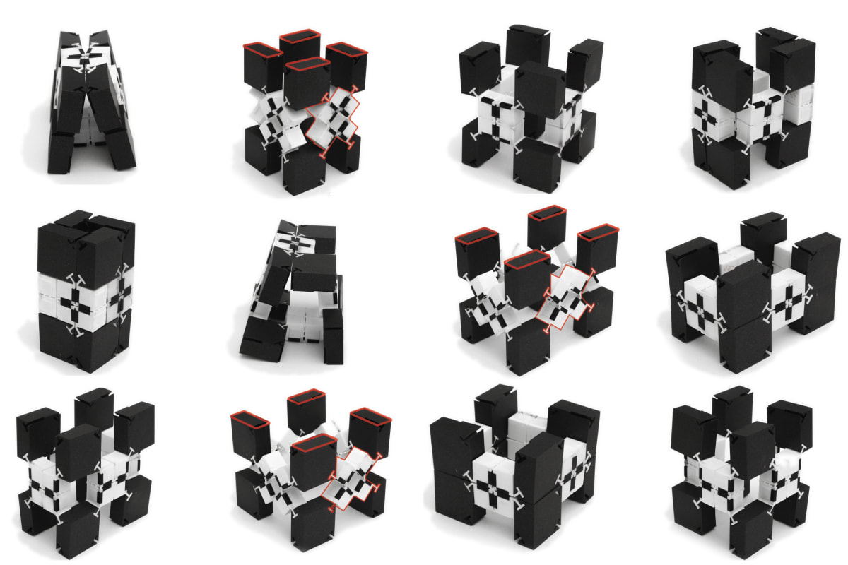 Modular 3D-printed blocks arranged in various configurations showing flexibility and transformation