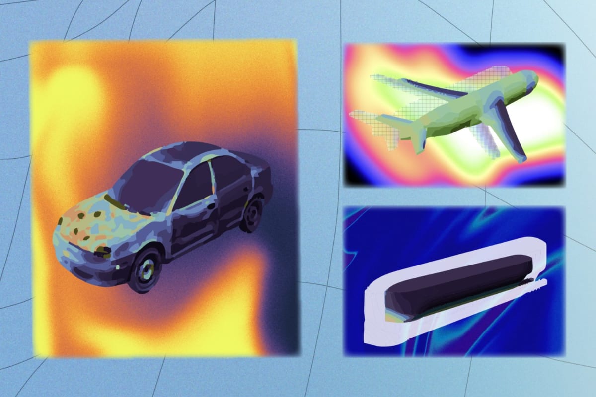 Colorful heat map visualization showing simulated forces on 3D vehicle model using MIT GeoPT technology