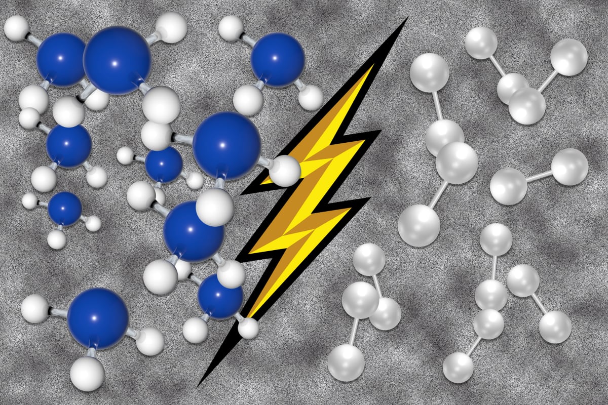 Illustration showing electrochemical process extracting pure hydrogen gas from ammonia molecules through membrane