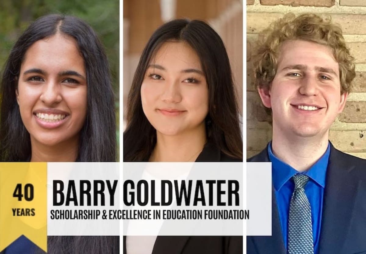 Three Rice University students Prasi Desai, Ellena Jeon, and Eitan Feldman smiling together