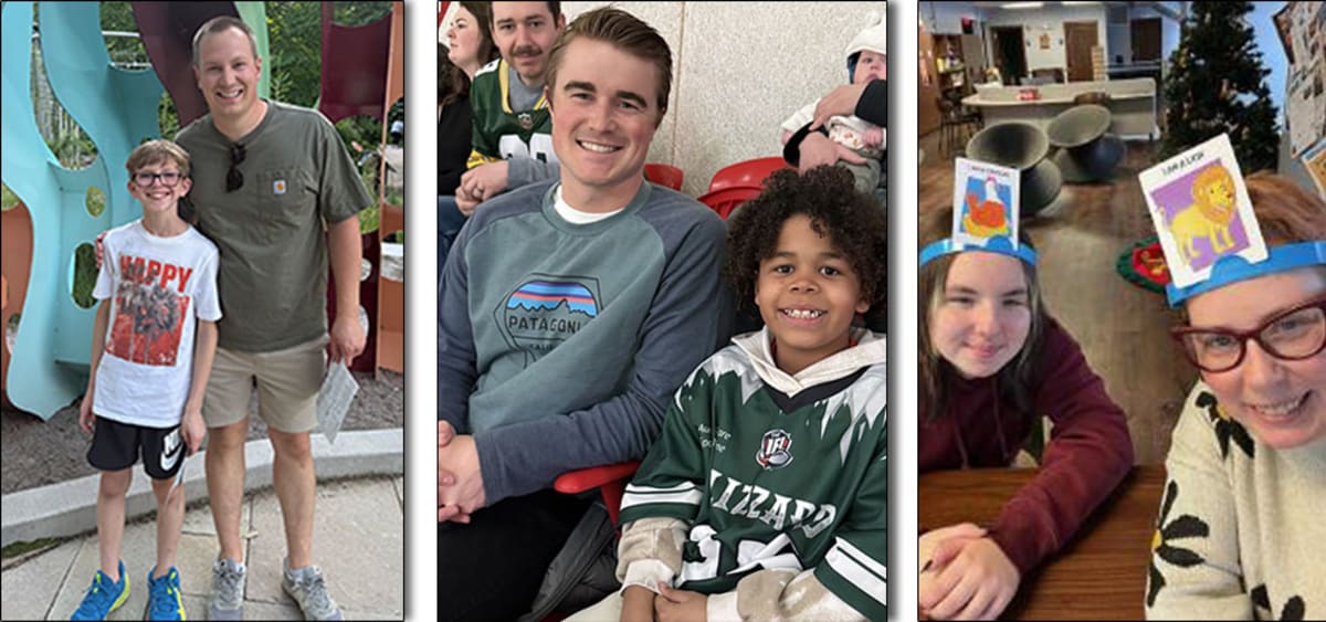 Wisconsin Public Service utility workers in safety gear with nonprofit organization representatives holding donation check