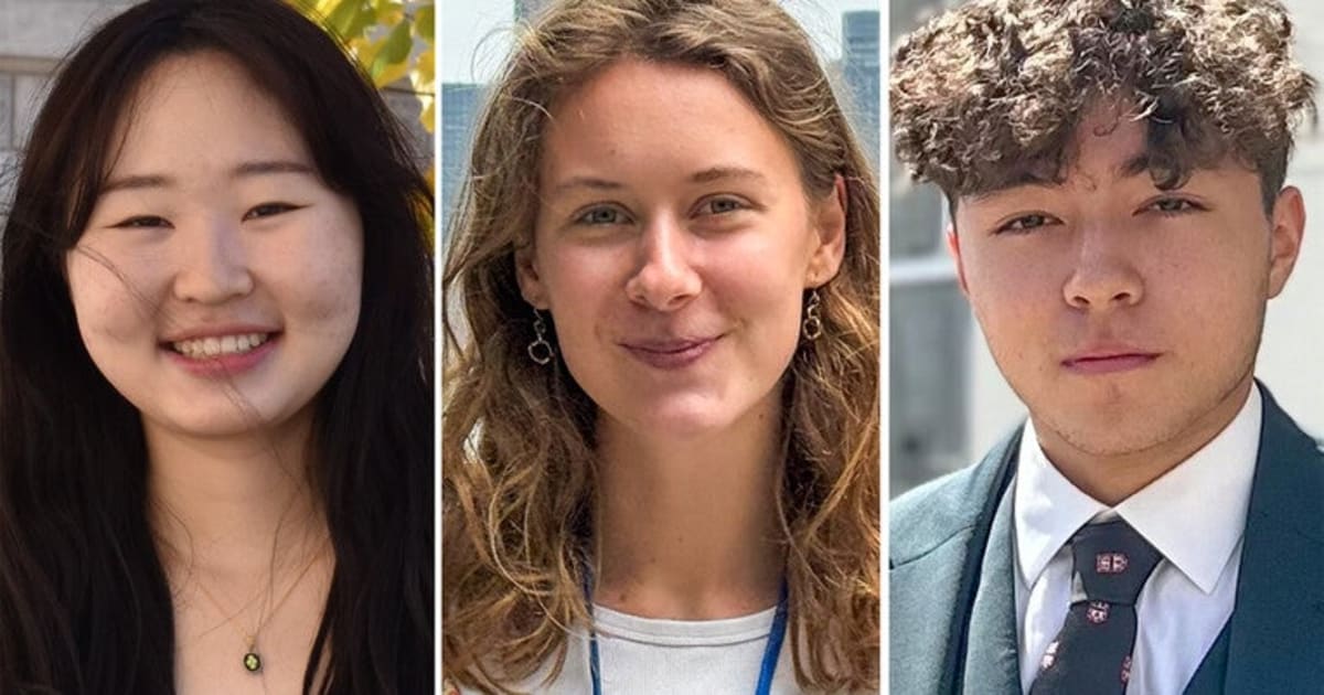 Three smiling Yale graduates in academic regalia celebrating their prestigious Oxford scholarship awards