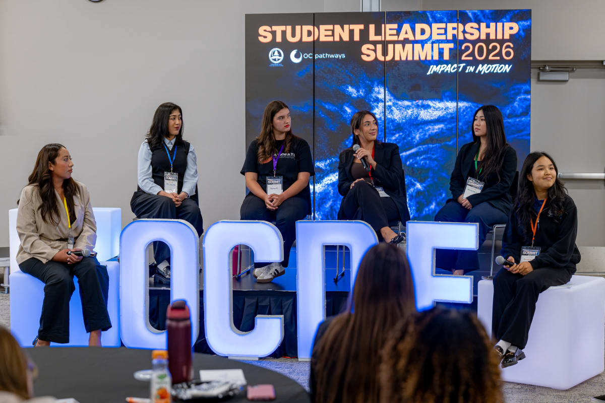 High school students engaging with STEM professionals at Orange County leadership summit
