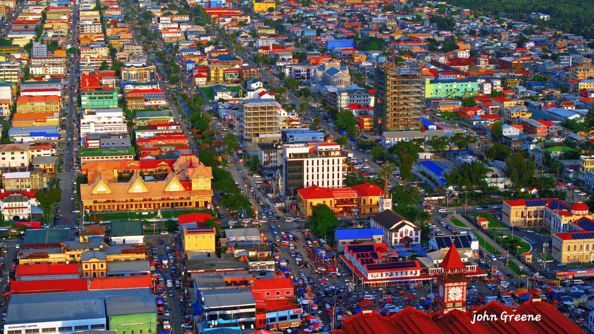 Aerial view of Guyana's coastal capital Georgetown showing economic development and urban growth