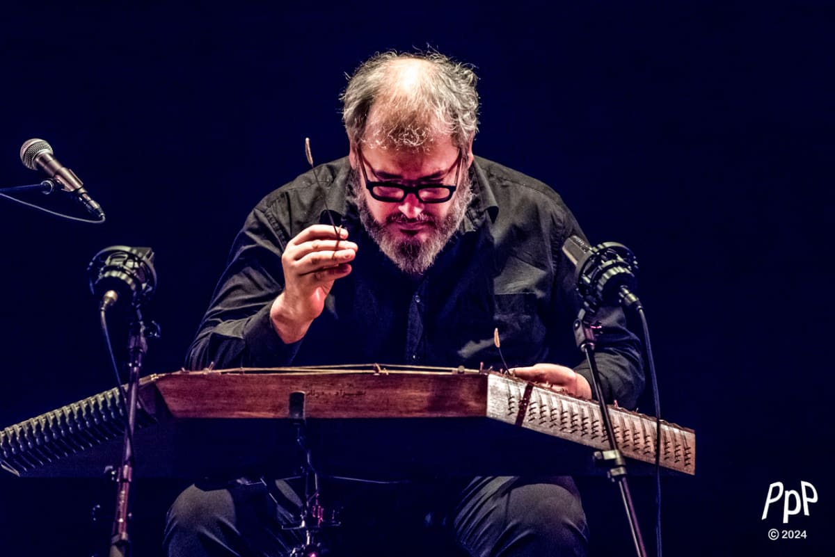 Musician playing trapezoidal hammered dulcimer with mallets at Toronto's Aga Khan Museum festival