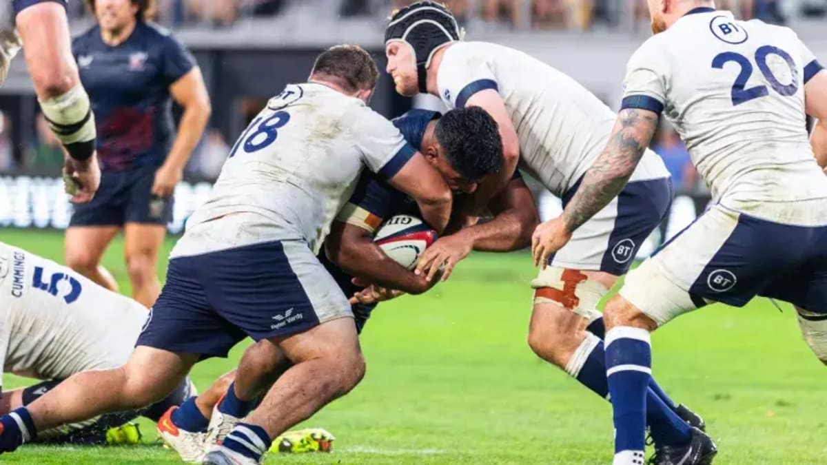 USA Eagles rugby team players celebrating on field during international match competition