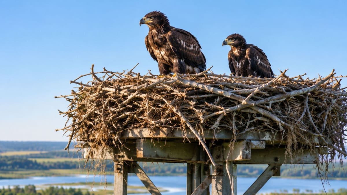 Young bald eagle perched in nest high above ground at wildlife refuge