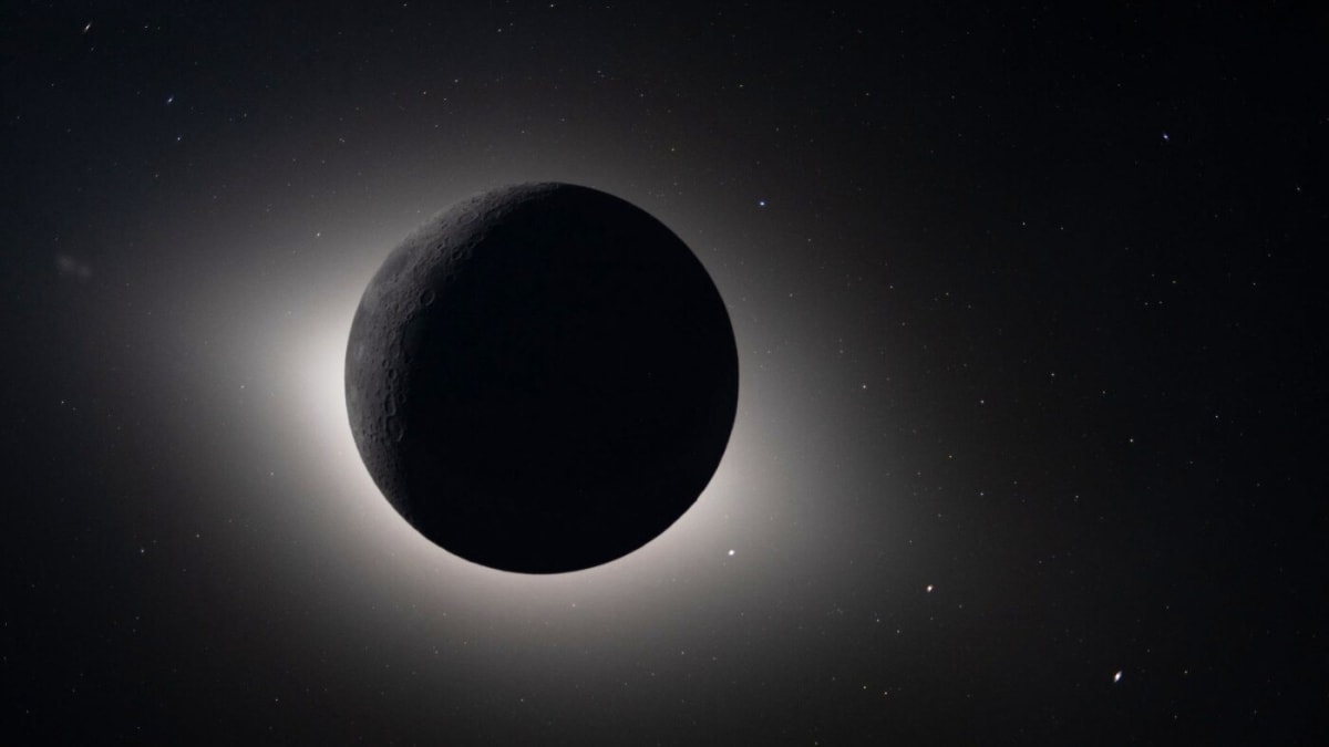 Artistic rendering showing the moon eclipsing the sun as captured from lunar orbit by Artemis II crew