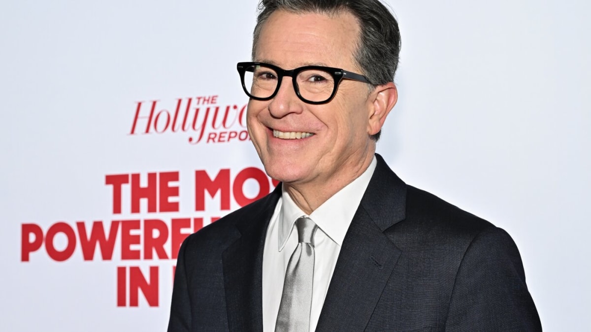Stephen Colbert smiling at entertainment industry event in New York City