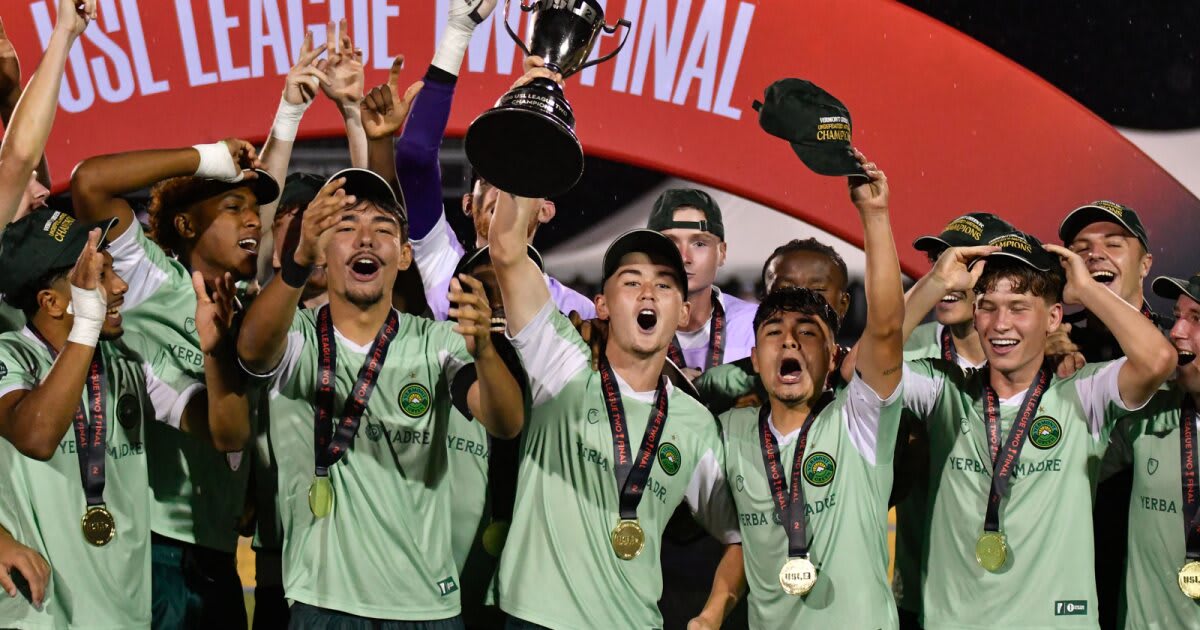 Vermont Green FC soccer players celebrating together after winning the 2026 USL2 national championship
