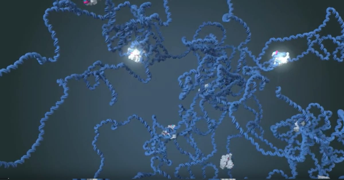 Microscope image showing white CRISPR enzymes destroying blue DNA in cancerous cell