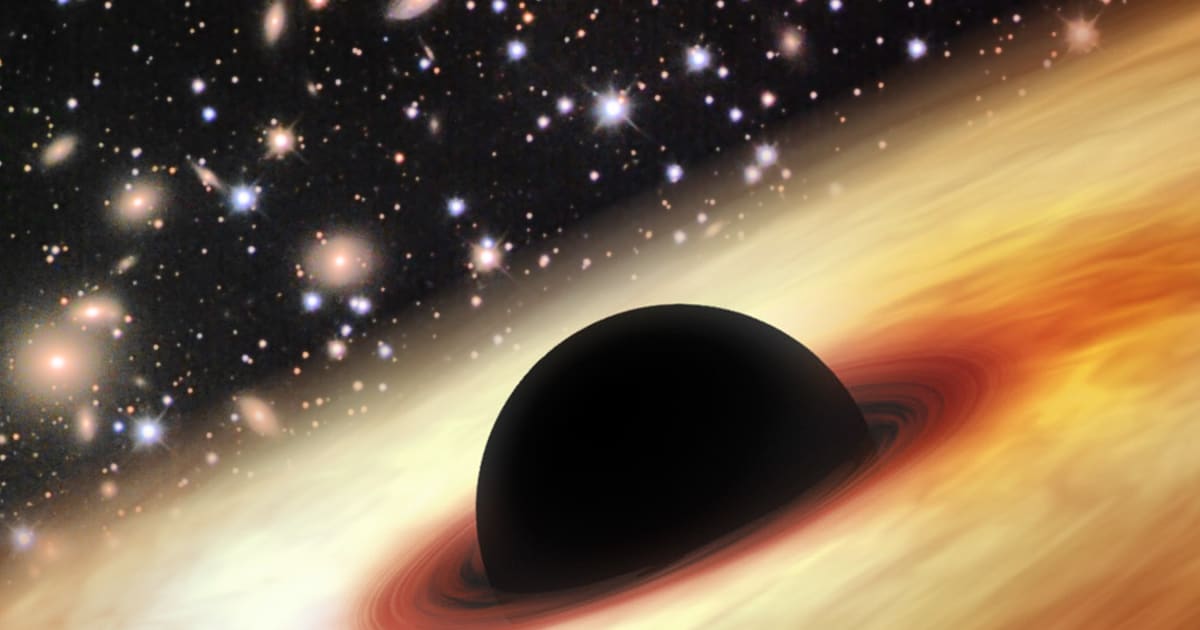 Artistic rendering of ancient quasar with supermassive black hole consuming gas and dust