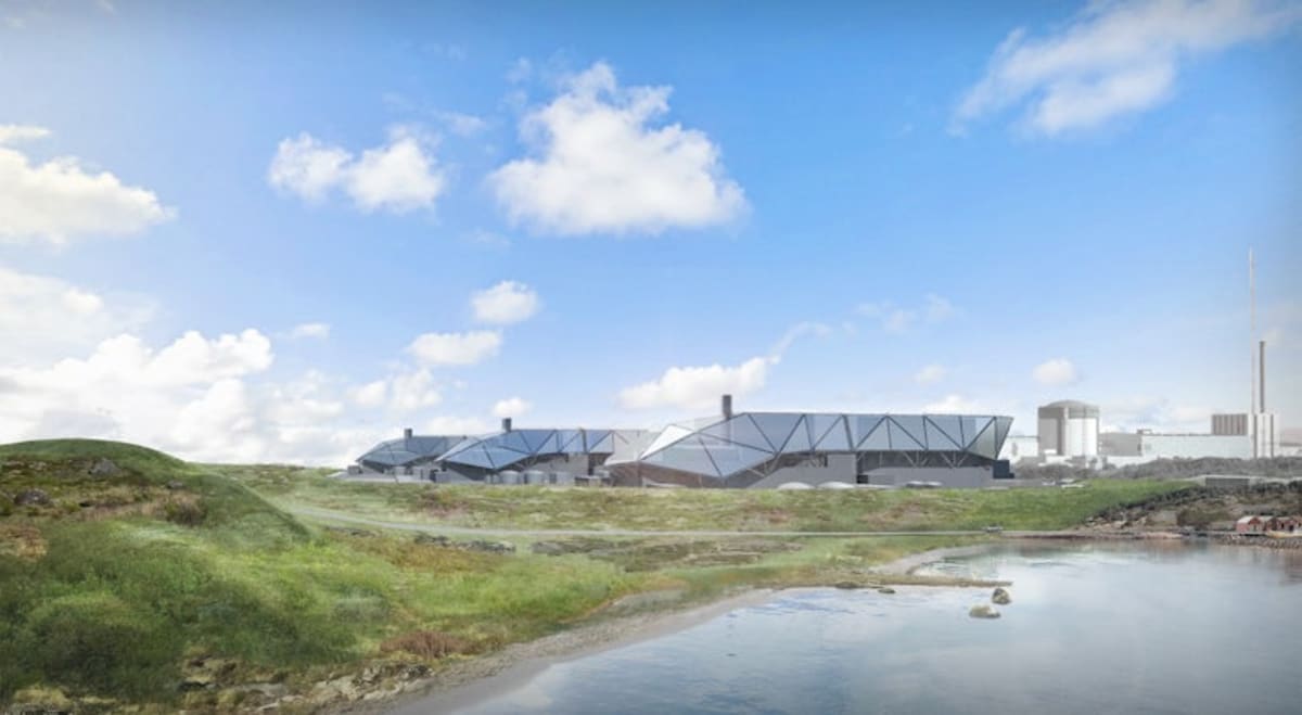 Modern small modular nuclear reactor facility rendering on Swedish coastal peninsula with clean energy infrastructure