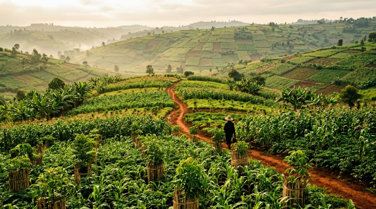 Kenyan farmer tending fruit trees growing alongside crops on small family farm in Vihiga County