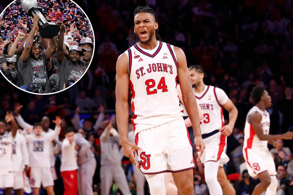 Zuby Ejiofor celebrates with confetti falling at Madison Square Garden after championship win