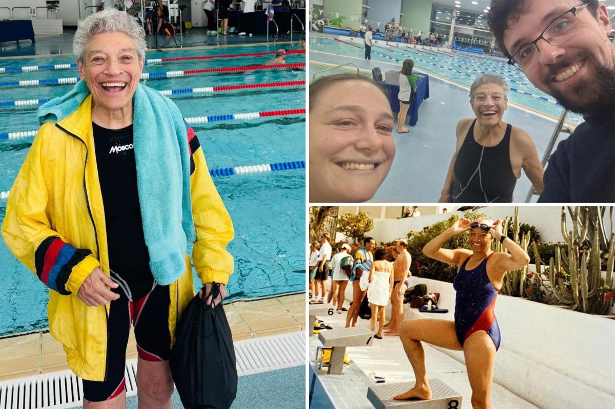 95-year-old Jane Asher in swimming attire displaying her remarkably fit physique