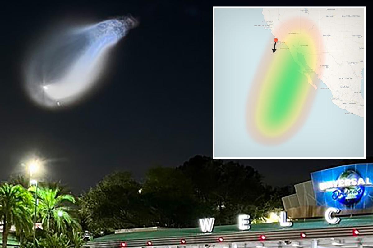 Iridescent space jellyfish phenomenon glowing in twilight sky after SpaceX rocket launch