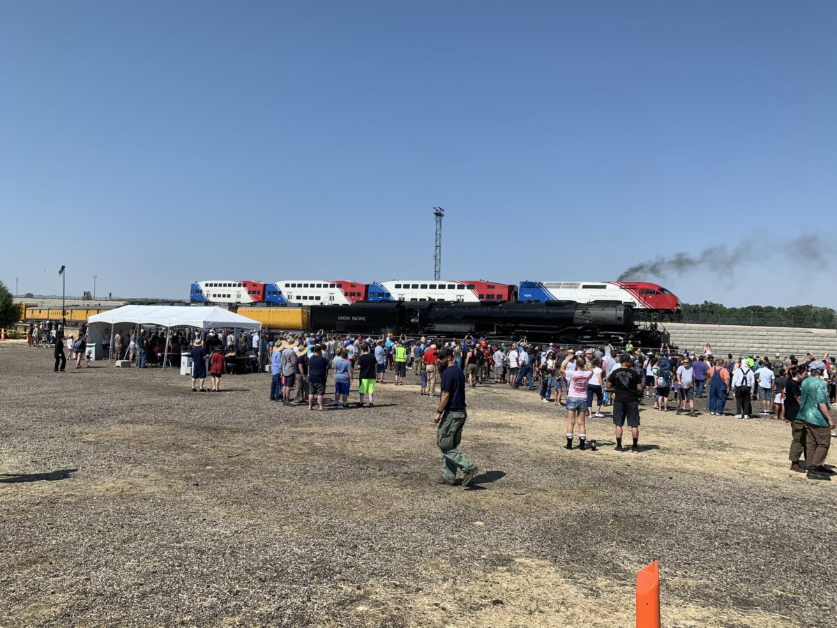 Historic Big Boy steam locomotive No. 4014 on display with visitors gathered around