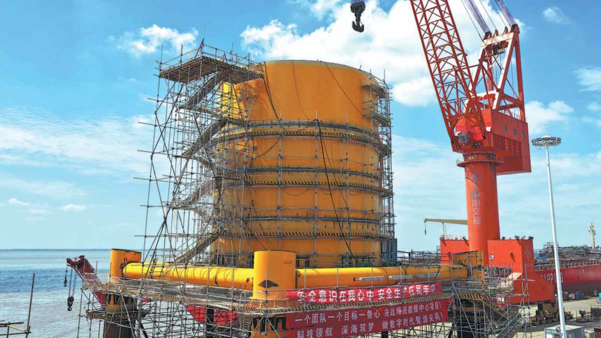 Underwater data center modules connected to offshore wind turbines in ocean waters near Shanghai