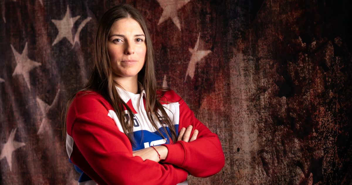 Hilary Knight in gold medal ceremony celebrating USA Women's Hockey Olympic victory