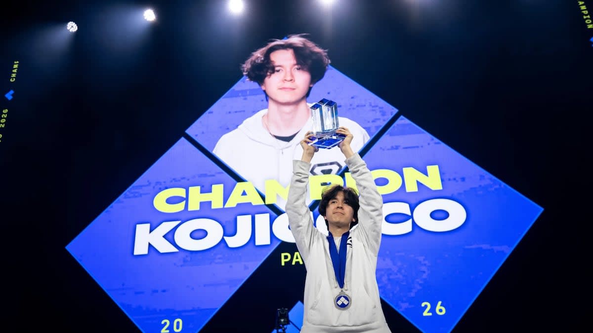 Matthieu Fardet celebrating his championship victory at Evo 2026 gaming tournament in Las Vegas