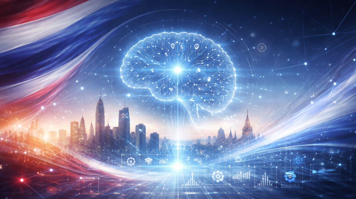 Thai researchers and developers collaborating on artificial intelligence language technology prototypes in modern laboratory setting