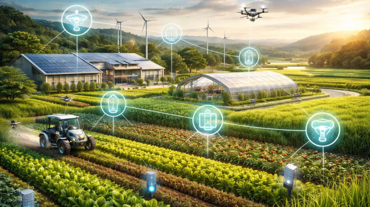 Thai farmers working in green rice fields using modern sustainable agricultural technology