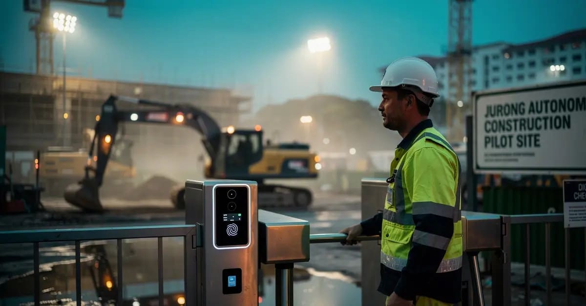Autonomous excavator operating independently at Singapore construction test site with safety monitoring equipment
