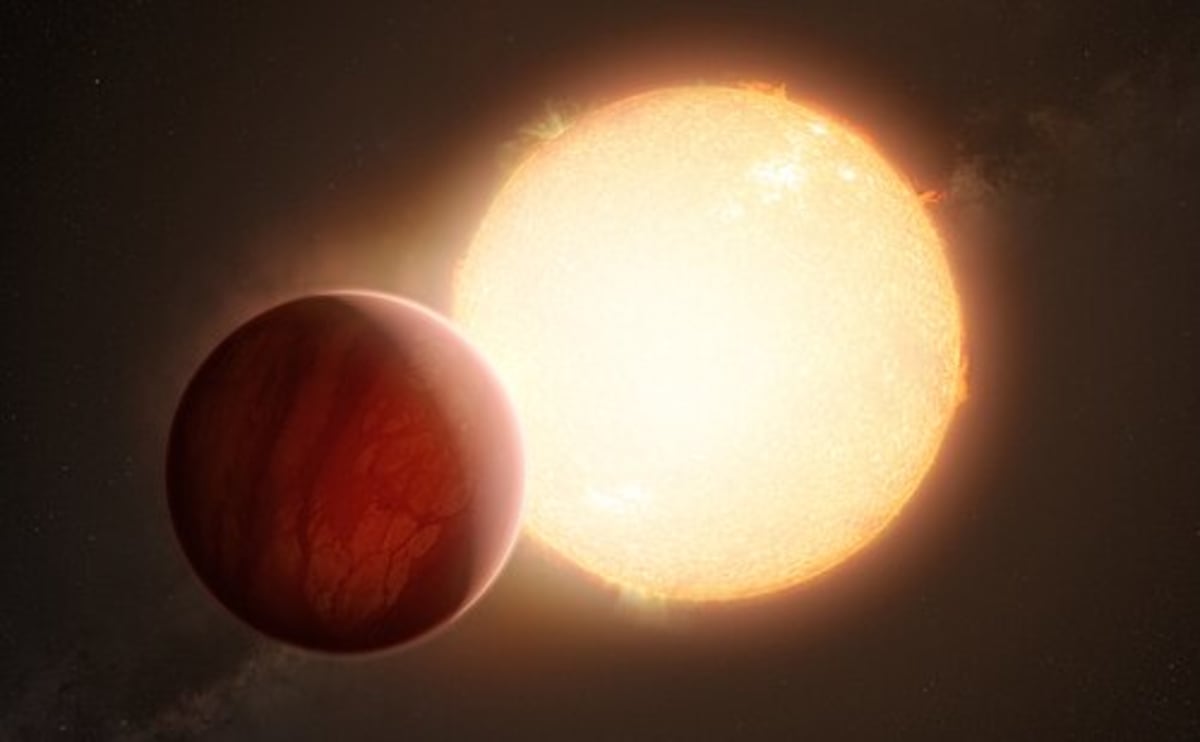 Artist rendering of gas giant exoplanet WASP-94A b with metallic clouds illuminated by nearby star
