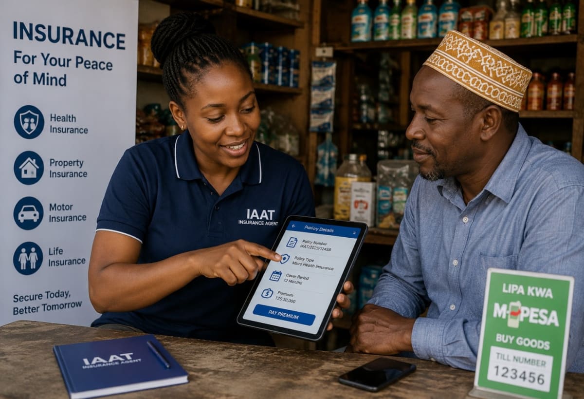 ** Mobile phone displaying M-Pesa transaction screen representing Tanzania's digital insurance transformation