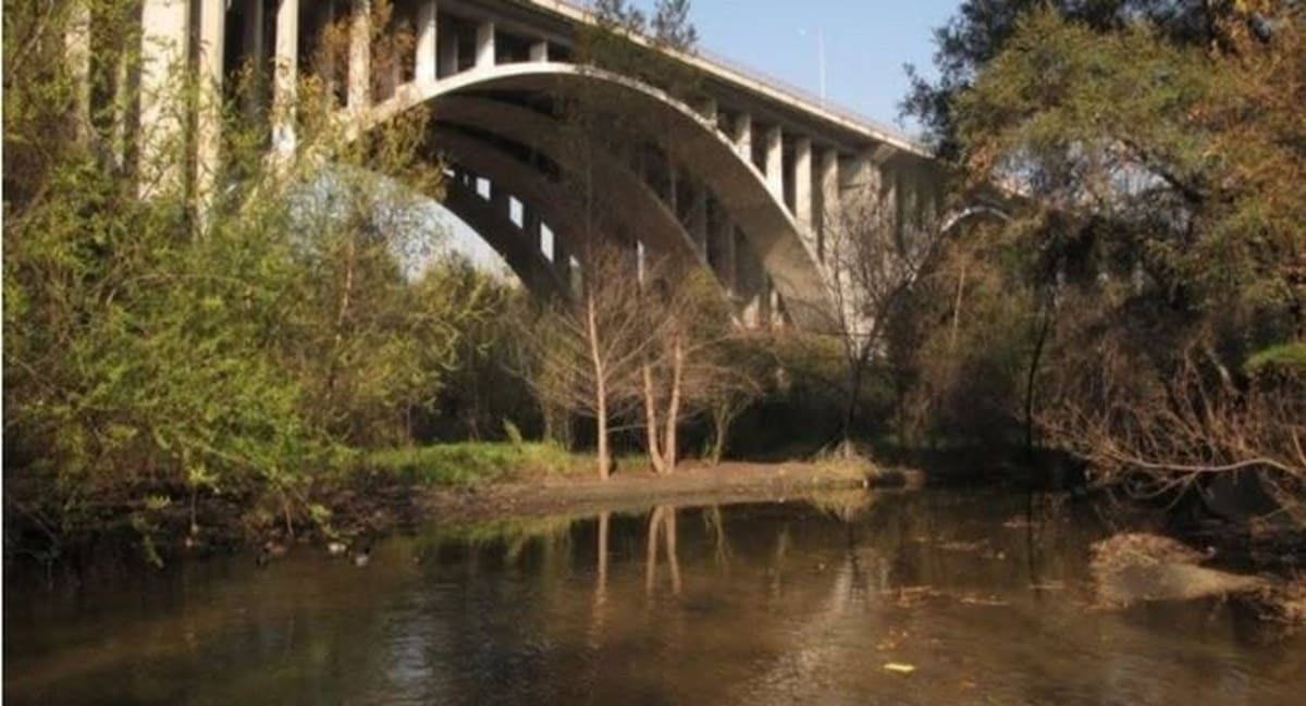 Volunteers in gloves collecting trash along sunny Arroyo Seco waterway in Pasadena California