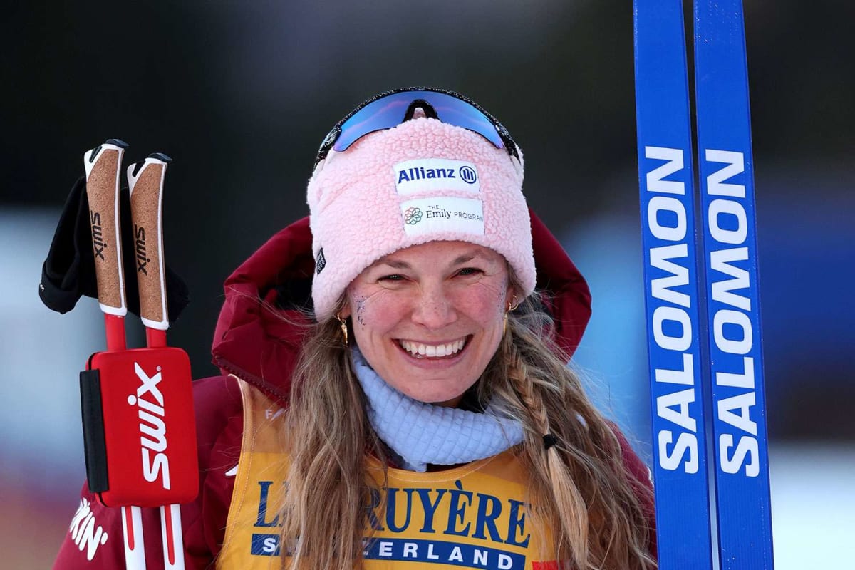 Jessie Diggins skiing at 2026 FIS World Cup competition in winter racing gear