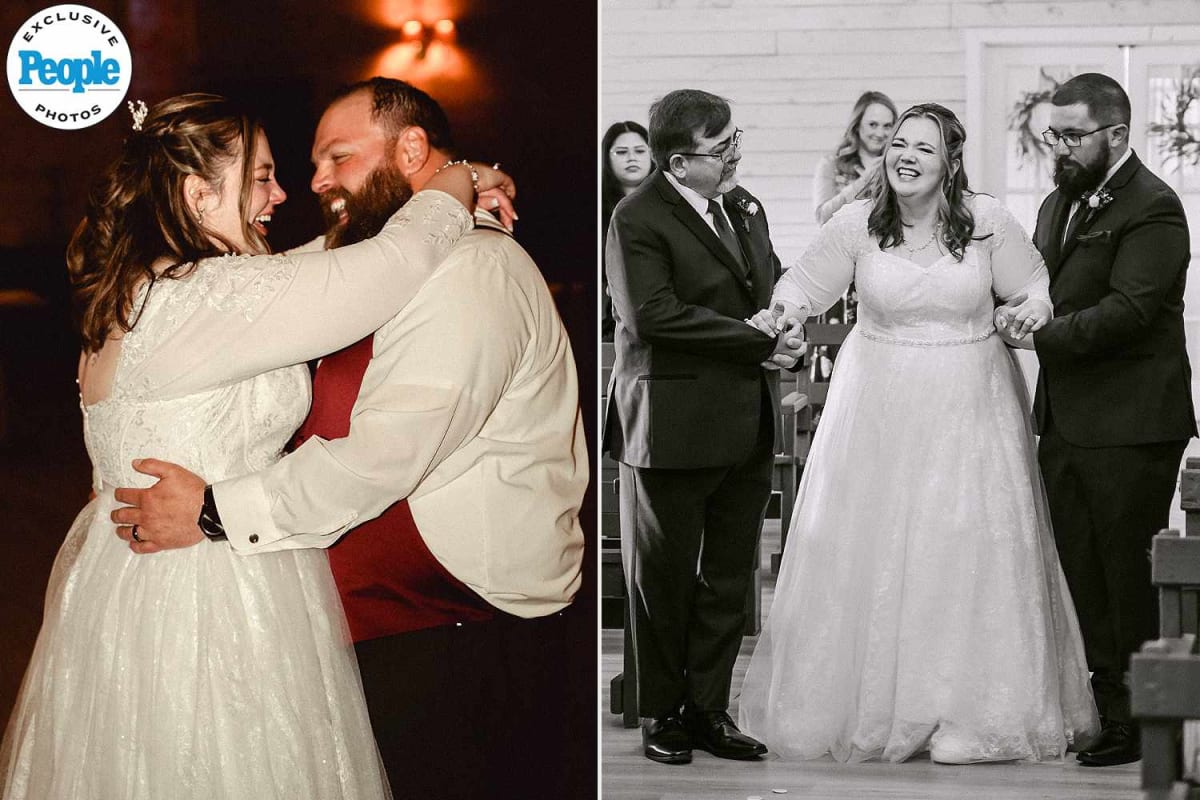 Bride Amber McConkey walking down wedding aisle supported by father and brother