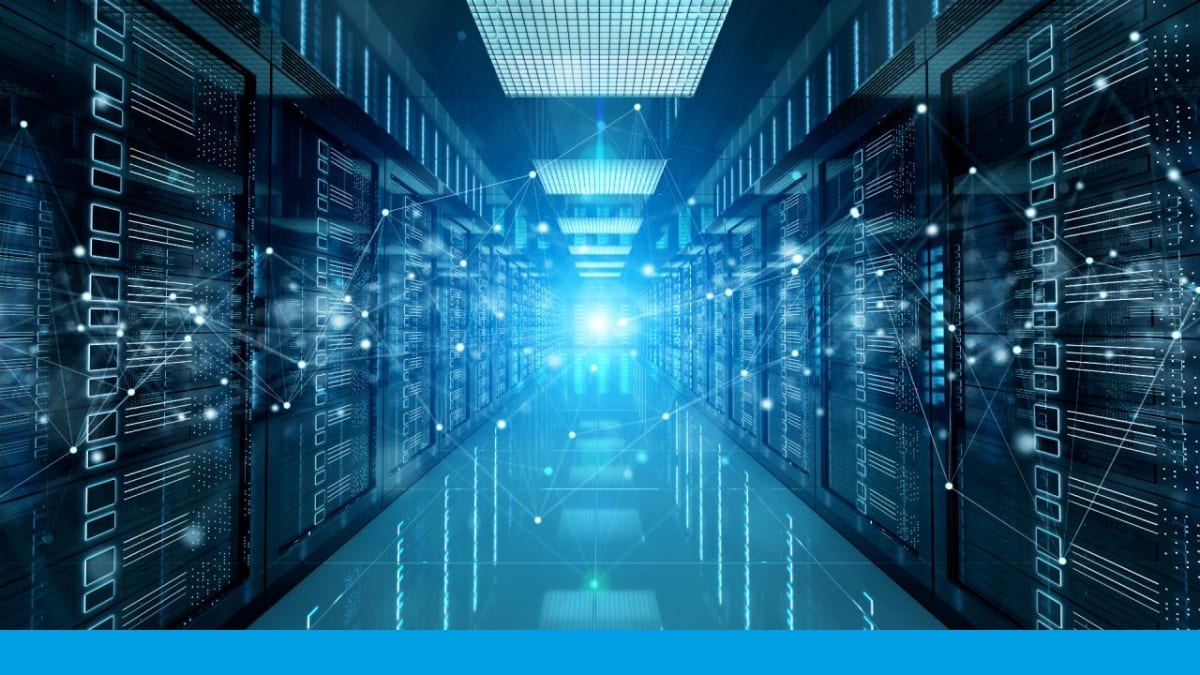 Modern data center facility with renewable energy infrastructure and carbon capture technology illustration