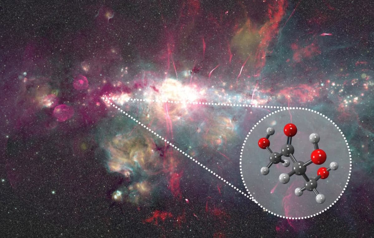 Artistic visualization of erythrulose sugar molecule floating in colorful interstellar gas cloud near galactic center