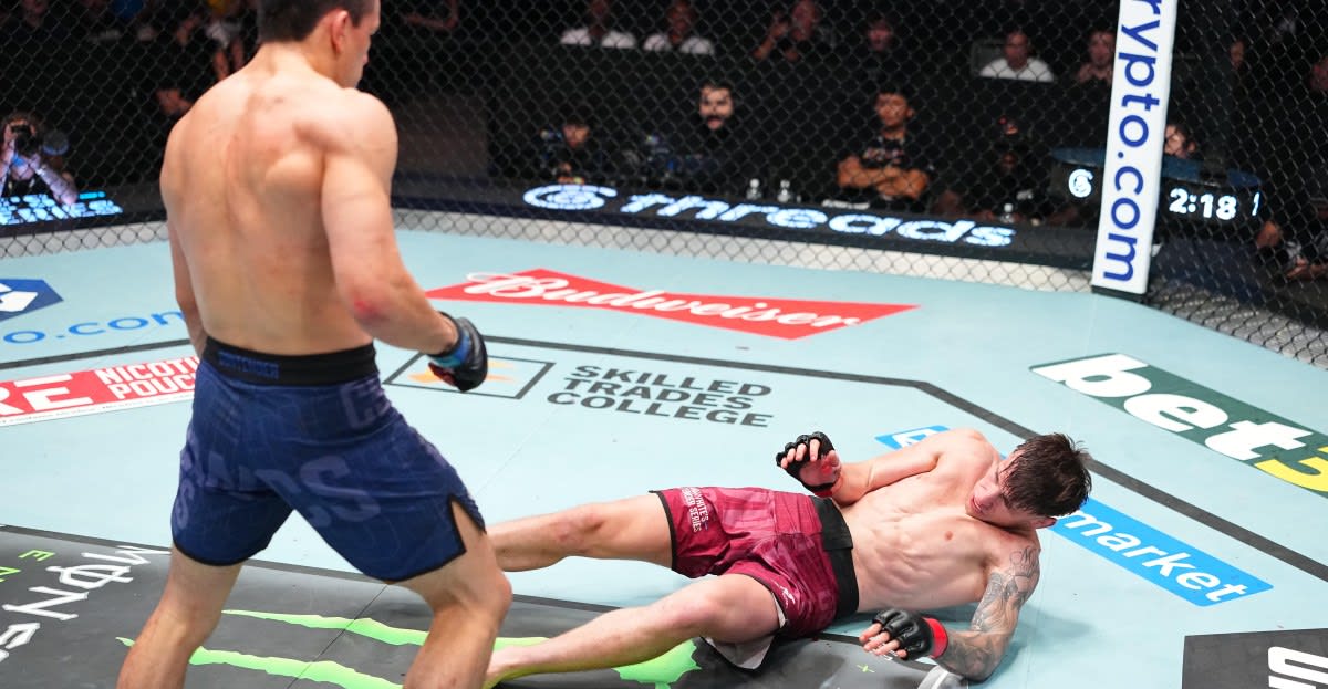 Silvestre Sanchez landing a punch on Liam McCracken during UFC Contender Series bout in Las Vegas