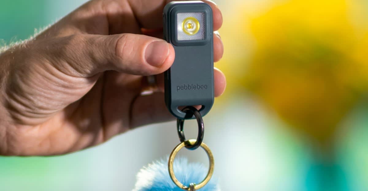Pebblebee Halo personal safety tracker with pull-apart alarm design and flashlight feature