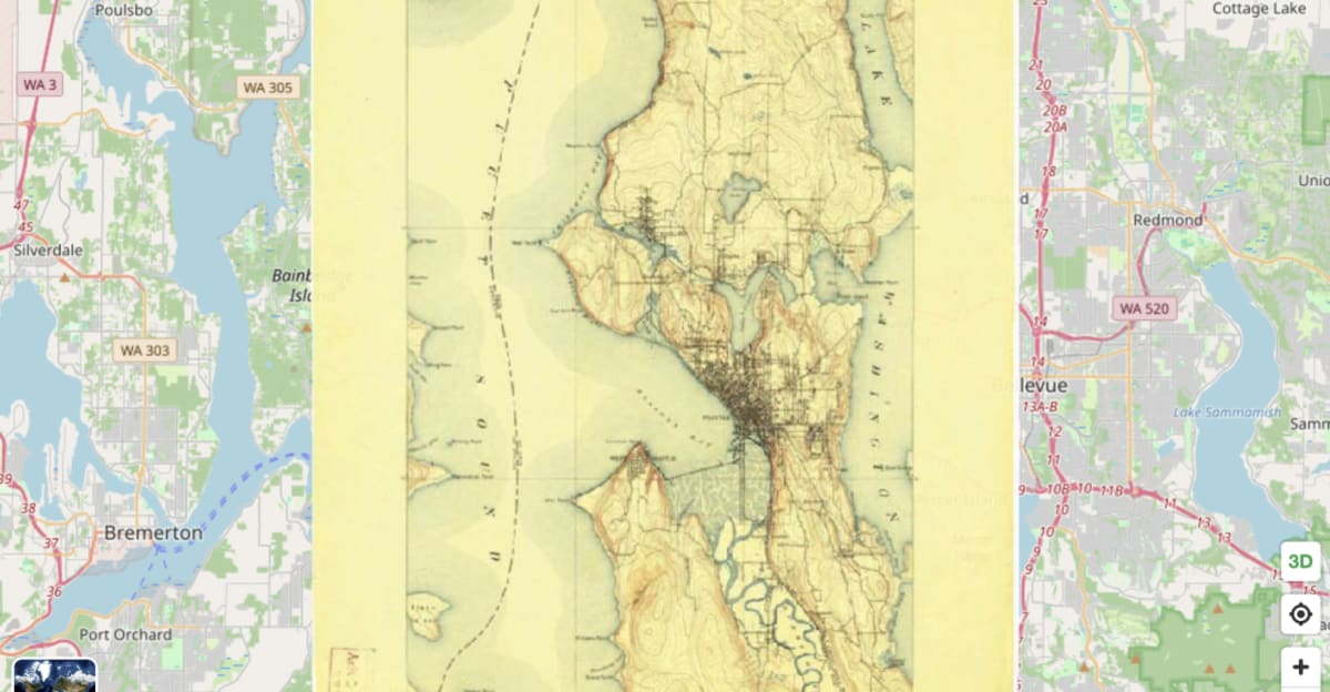 Historical map overlaid with modern map showing how Seattle's Duwamish River was straightened over time