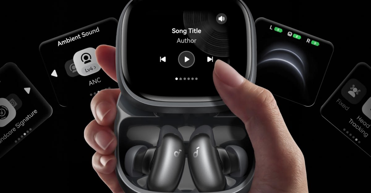Anker Liberty 5 Pro wireless earbuds in charging case with touchscreen display showing controls